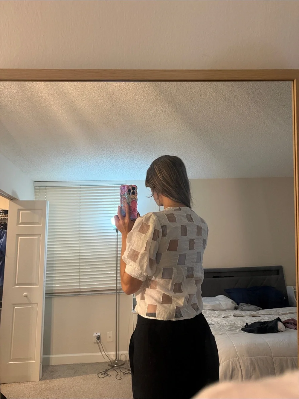 Zara White Sheer Patchwork Button-Front Blouse